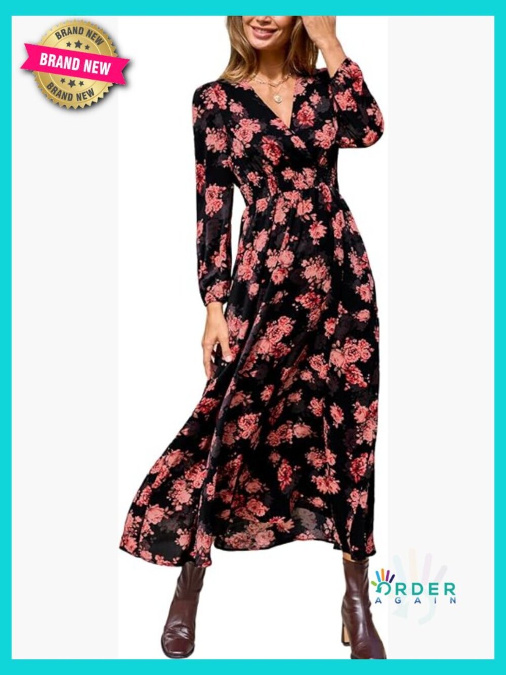 Maxi Dress V Neck Floral Long Sleeve Smocked Waist Pockets Flowy Garden Party